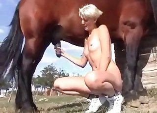 Sexy blonde jerks and sucks stallion cock