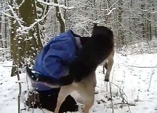 Wintertime outdoors bestiality sex