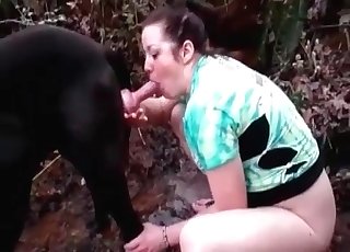 Chubby zoophile blowing a big-dicked dog