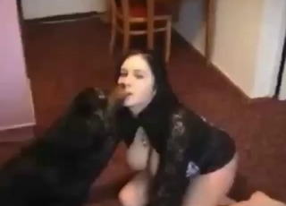 Brunette wants her dog to fuck her mouth