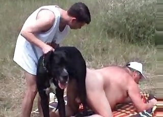 Two dudes are having a steamy threesome fun with a dog