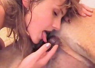Hot girl with wet hair is giving a BJ to a horny canine