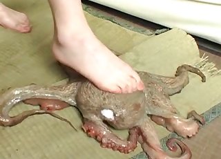 Pair of Asians with a pissing fetish piss on an octopus