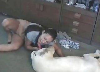 Black-haired girl is sucking an animal boner