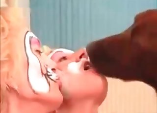 Sexy hungry doggy is licking their faces